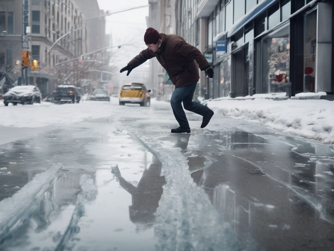 Person slipping and falling on an icy city street