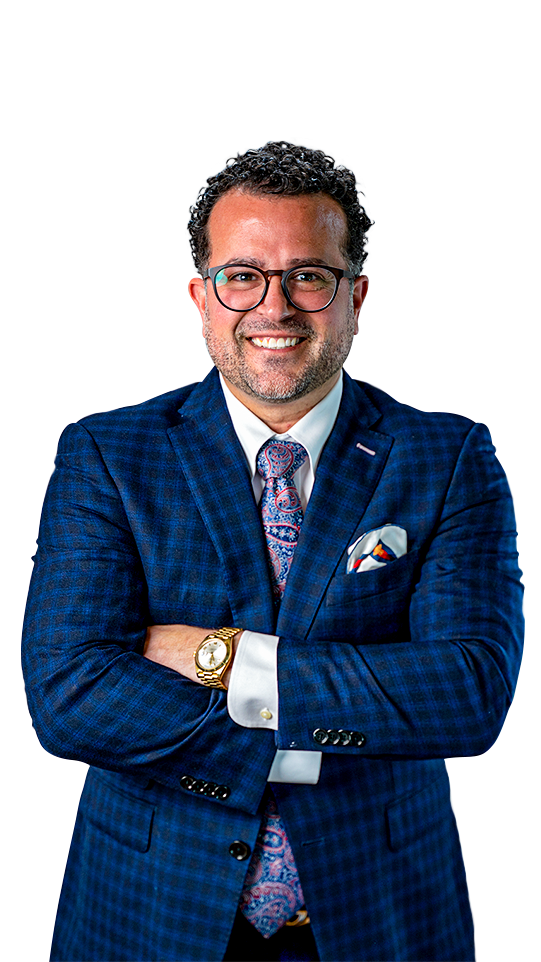 “A smiling attorney in a blue suit stands with arms crossed in front of the Providence, Rhode Island skyline. Large text on the left reads ‘Personal Injury and Accident Attorneys in Providence, RI,’ with a description of legal services and a red button displaying the phone number (401) 288-3888