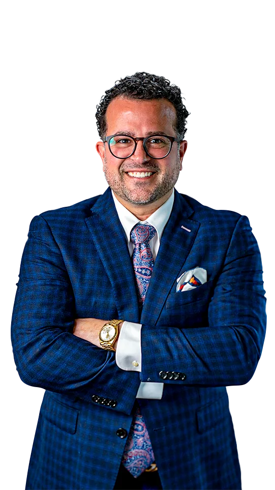 “A smiling attorney in a blue suit stands with arms crossed in front of the Providence, Rhode Island skyline. Large text on the left reads ‘Personal Injury and Accident Attorneys in Providence, RI,’ with a description of legal services and a red button displaying the phone number (401) 288-3888