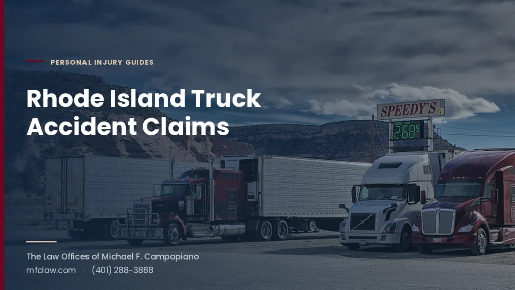 Semi-trucks and trailers parked at a truck stop, illustrating Rhode Island truck accident claims