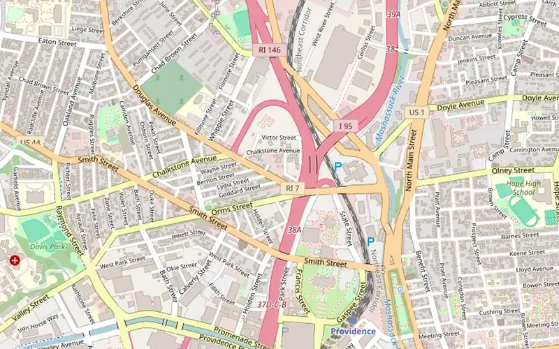Street map showing our office at 21 Douglas Ave, Providence